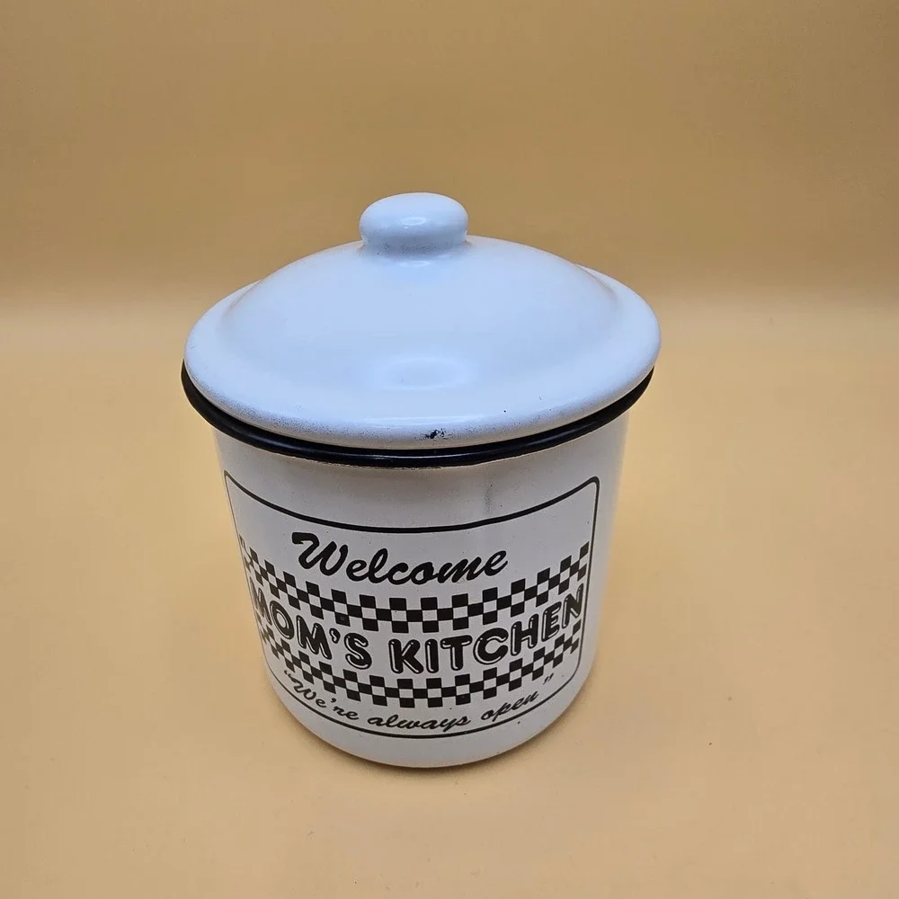 Vintage Mom's Kitchen Enamel Canister Set White Black Checkered 3 Piece Rustic